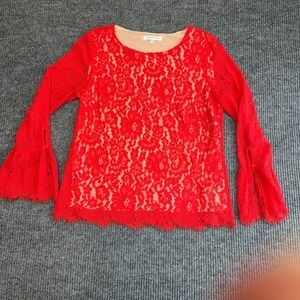 Rose & Olive Red Floral Lace Bell Sleeve Blouse Fringe Hem Exposed Zip M